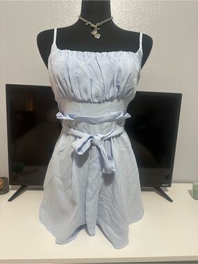 Women’s Light Blue Spaghetti-Strap Romper with Waist Tie